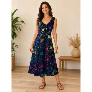 Oceanea Blue Celestial Sun Stars Rayon Maxi Dress Galaxy Boho Tie Dye SZ M Light